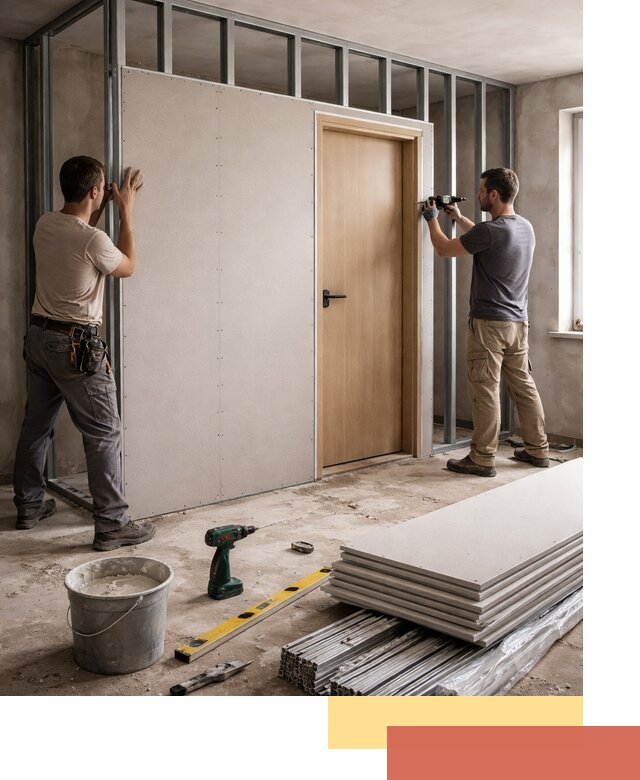 Перегородка из гипсокартона с дверью под ключ в изобильном