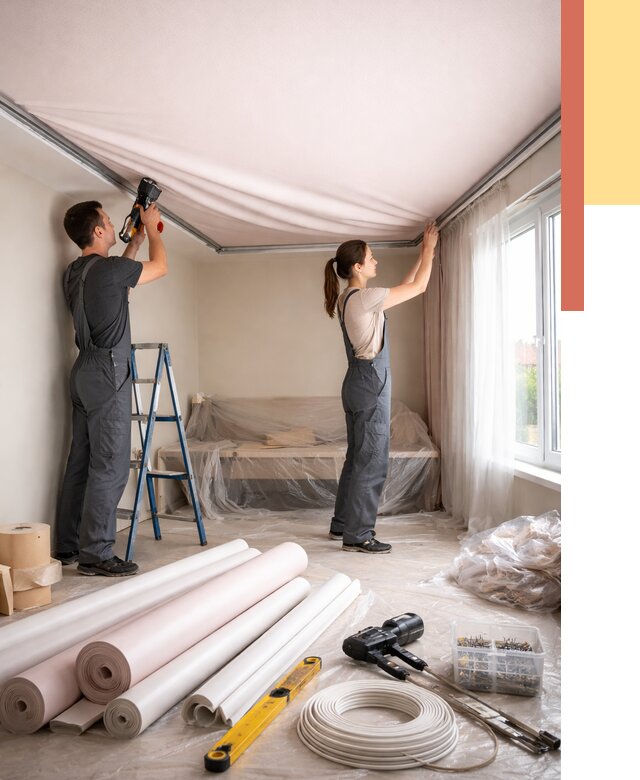 Монтаж цветного натяжного потолка в изобильном от 4363 руб/м² — быстро и недорого | ОТДЕЛОЧНИК-Збл