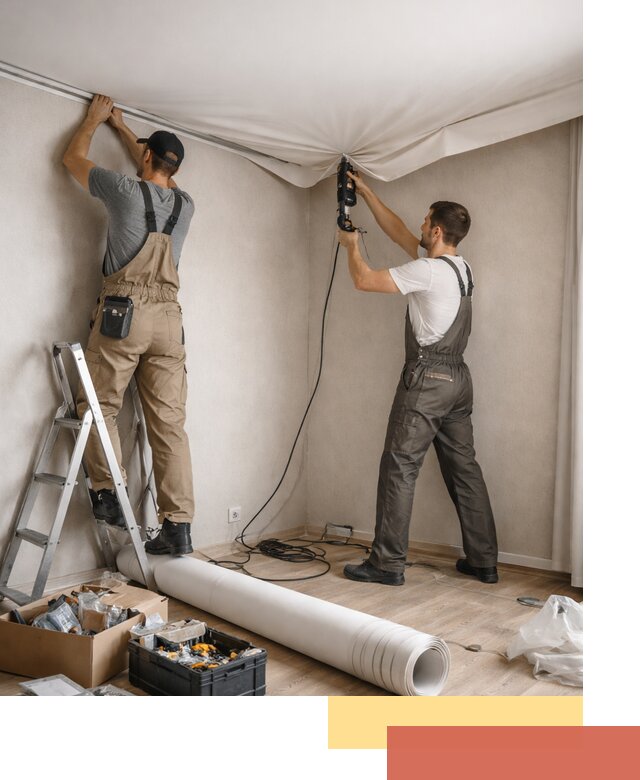 Монтаж цветного натяжного потолка в изобильном за один день