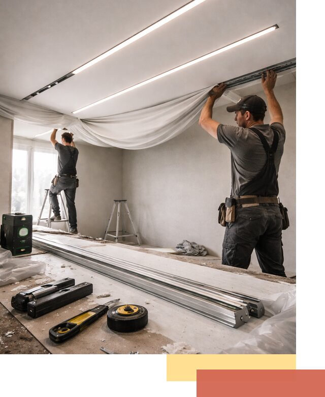 Монтаж натяжных потолков со световыми линиями в изобильном