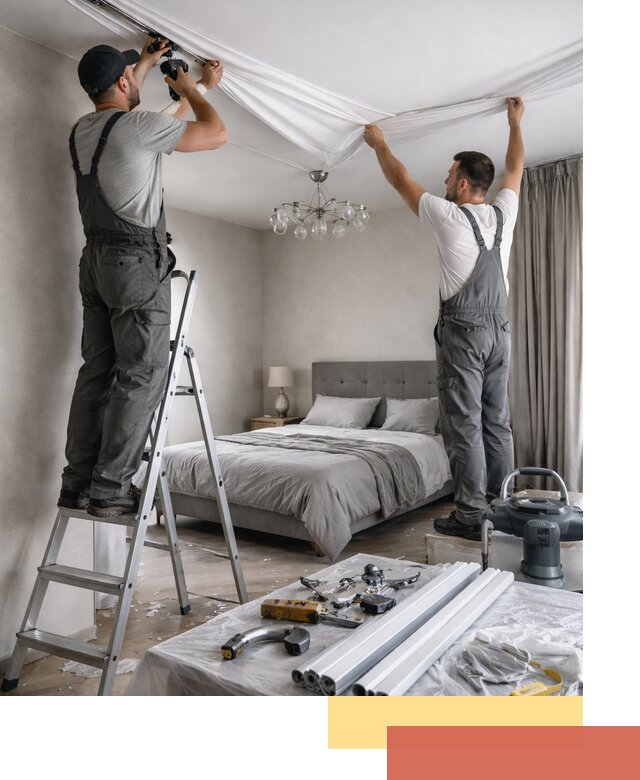 Монтаж натяжного потолка в спальне в изобильном