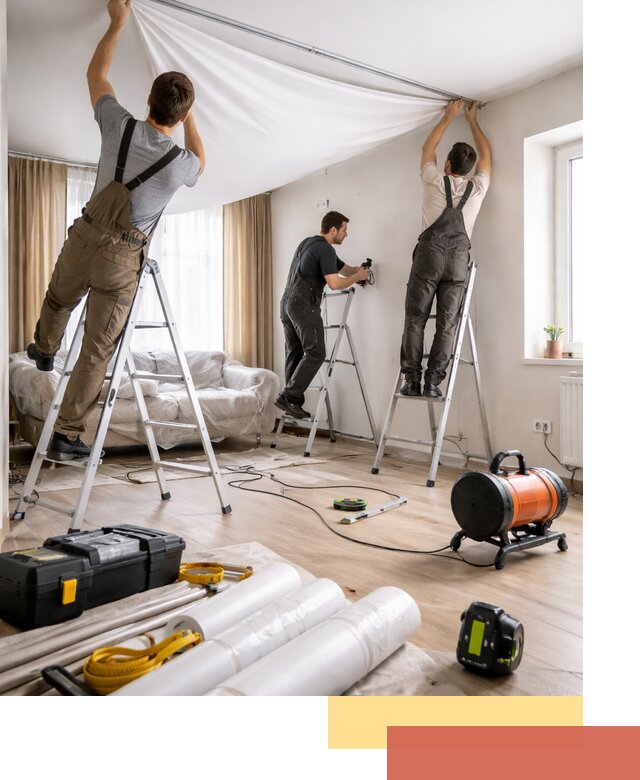 Монтаж натяжного потолка в гостиной в изобильном