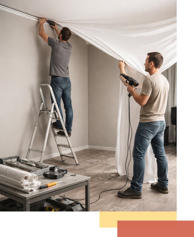 Монтаж натяжного потолка в студии в изобильном