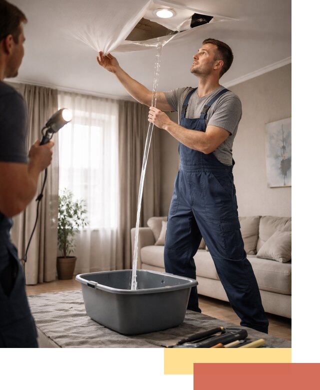 Слив воды с натяжного потолка в изобильном быстро и аккуратно