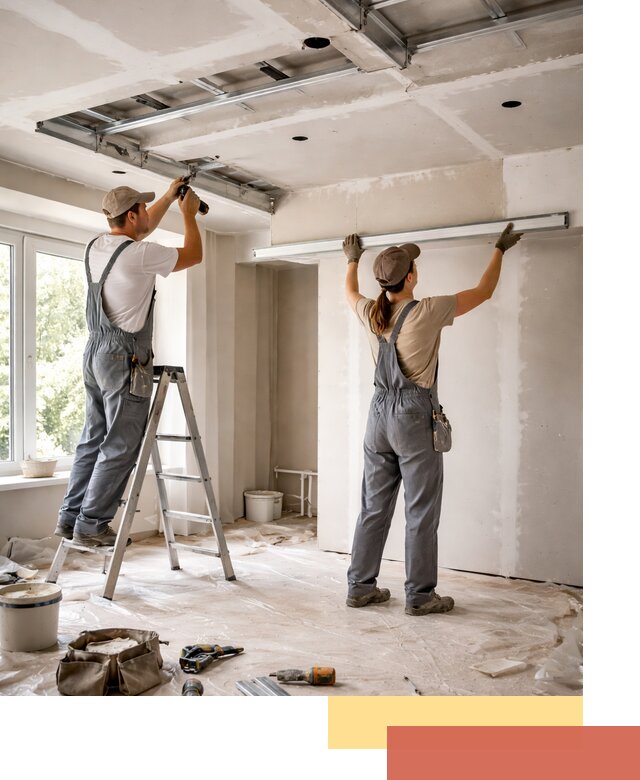 Монтаж многоуровневого потолка из гипсокартона в изобильном