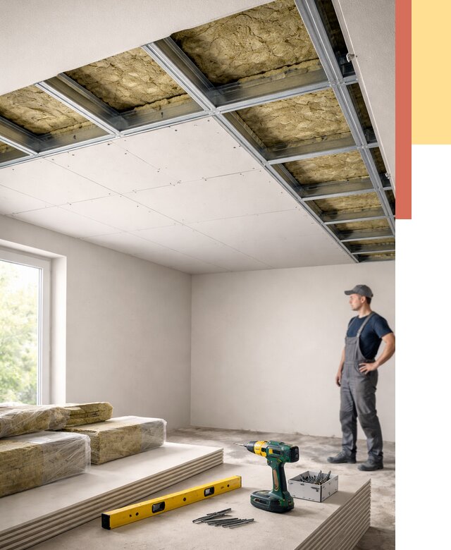 Звукоизоляция потолка ГКЛ в изобильном от 987 руб. — монтаж под ключ | ОТДЕЛОЧНИК-Збл