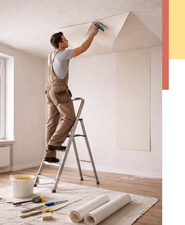 Поклейка обоев на потолок в изобильном от 4675 руб. быстро и недорого | ОТДЕЛОЧНИК-Збл